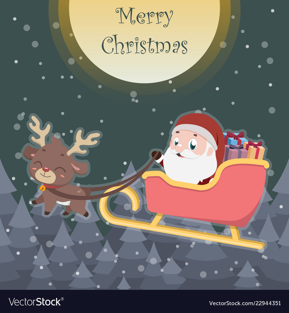 cute reindeer pulling sleigh with santa royalty free vector
