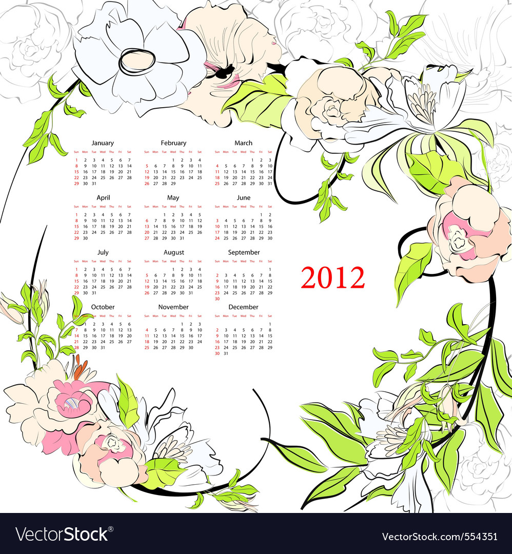 Template for calendar 2012 with flowers Royalty Free Vector