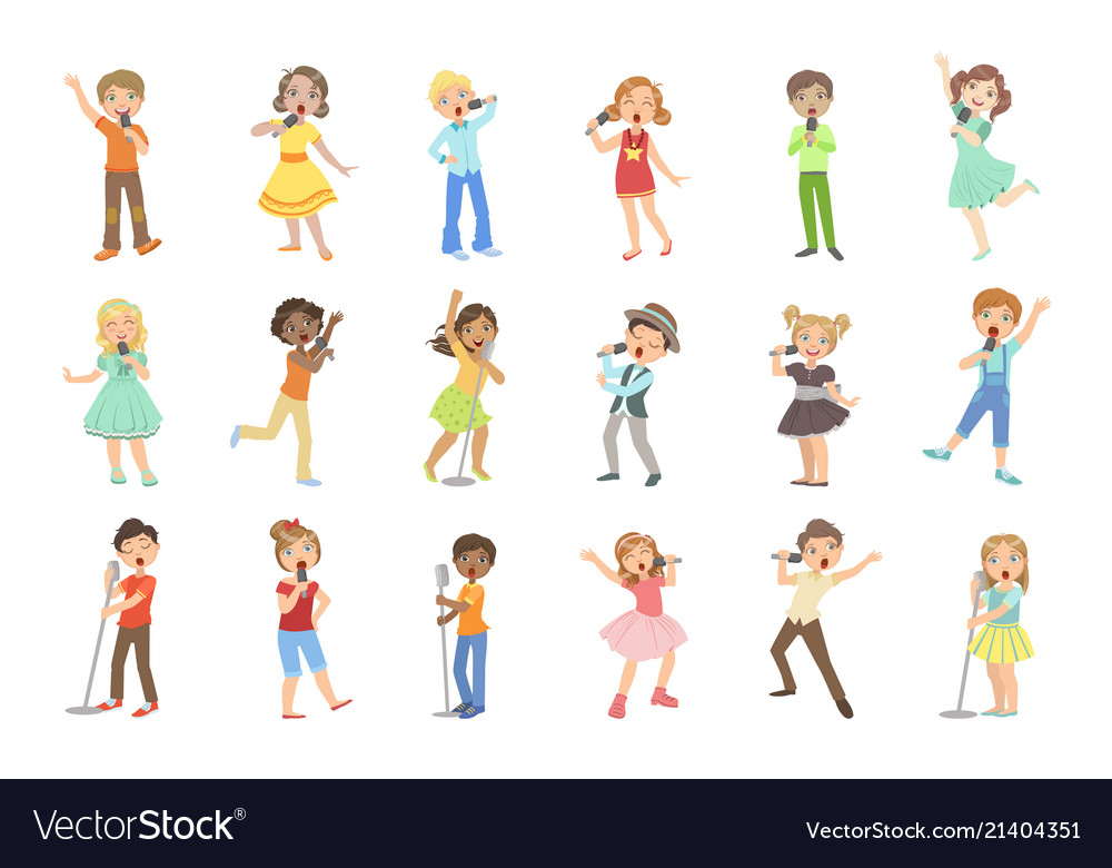 Young boys and girls singing in karaoke Royalty Free Vector