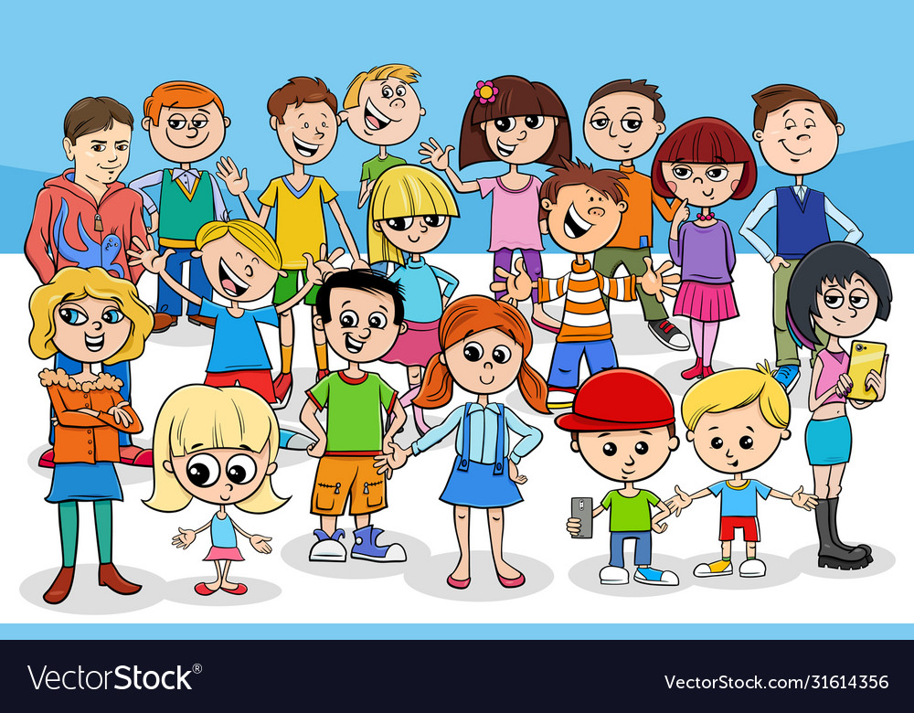 Kids and teens cartoon characters group Royalty Free Vector