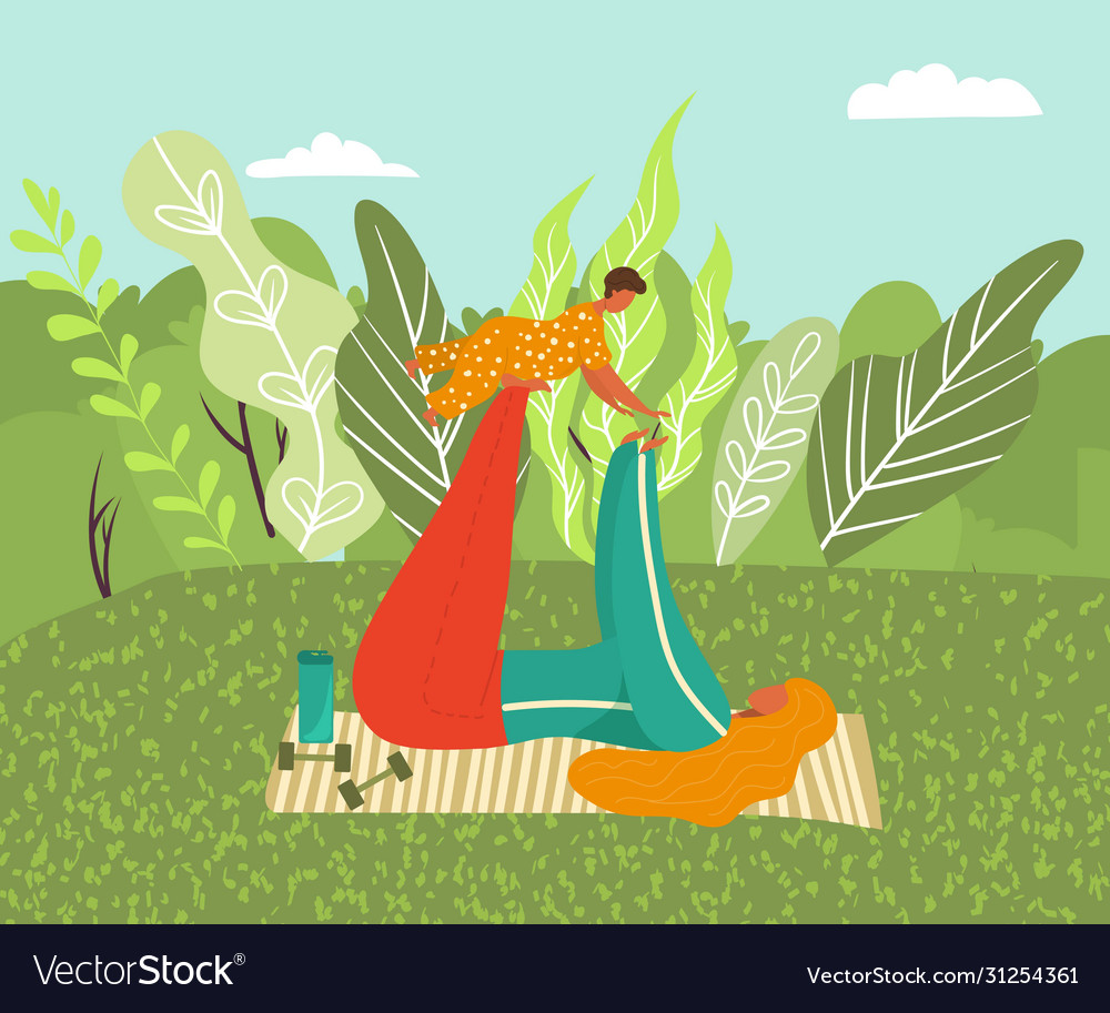 Mom and small badoing sport on nature happy Vector Image