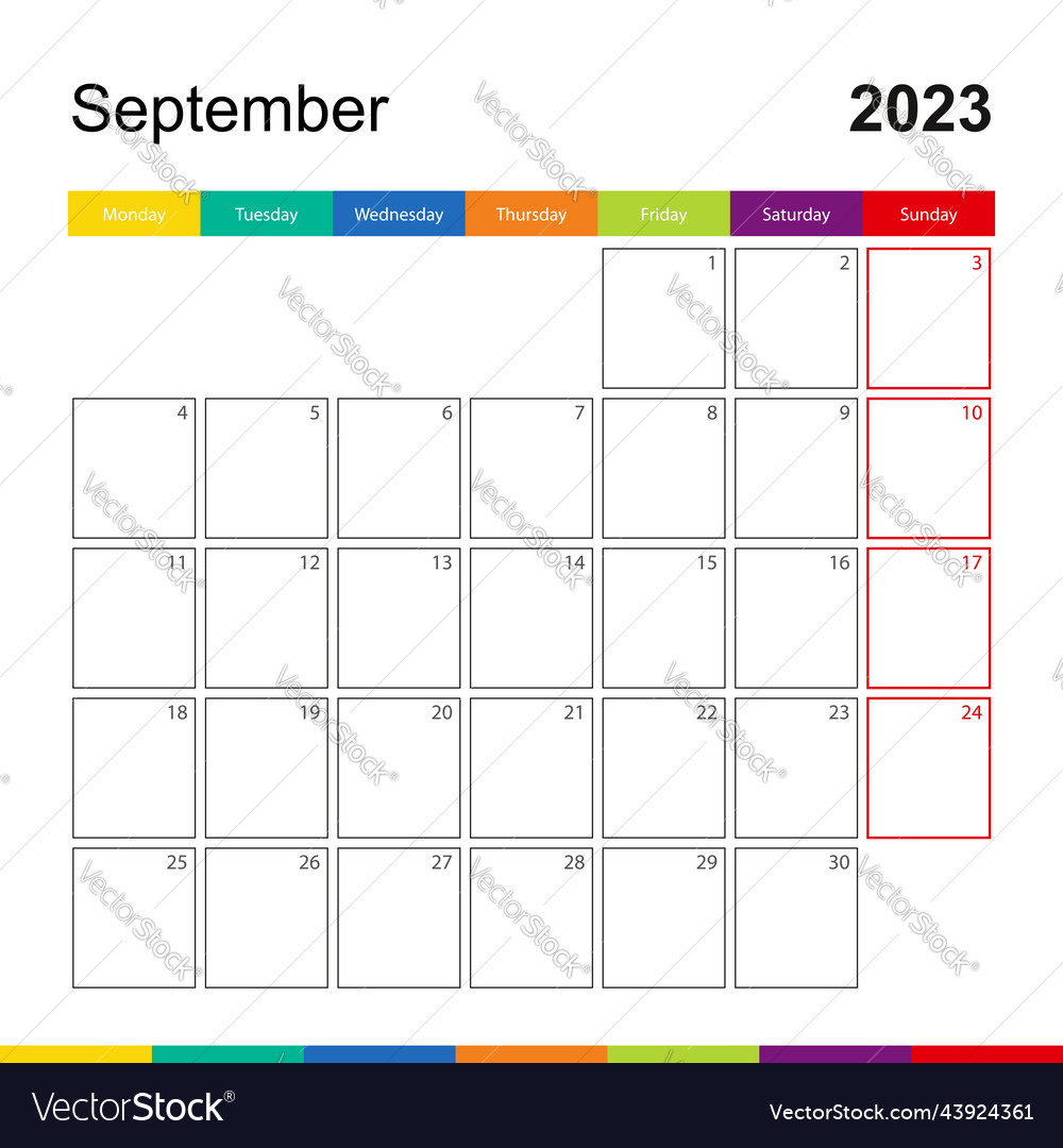 September 2023 colorful wall calendar week starts Vector Image