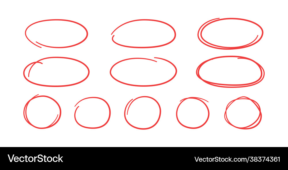 Set hand drawn red circles and ovals highlight Vector Image