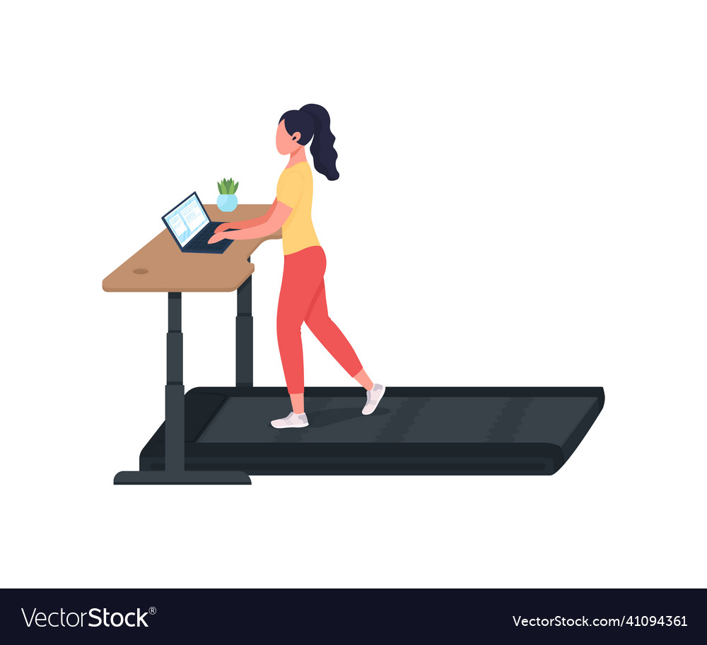Woman working at treadmill workstation flat color Vector Image