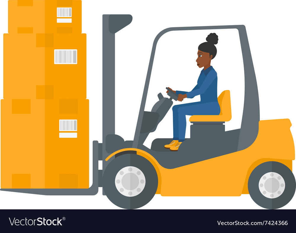 Worker moving load by forklift truck