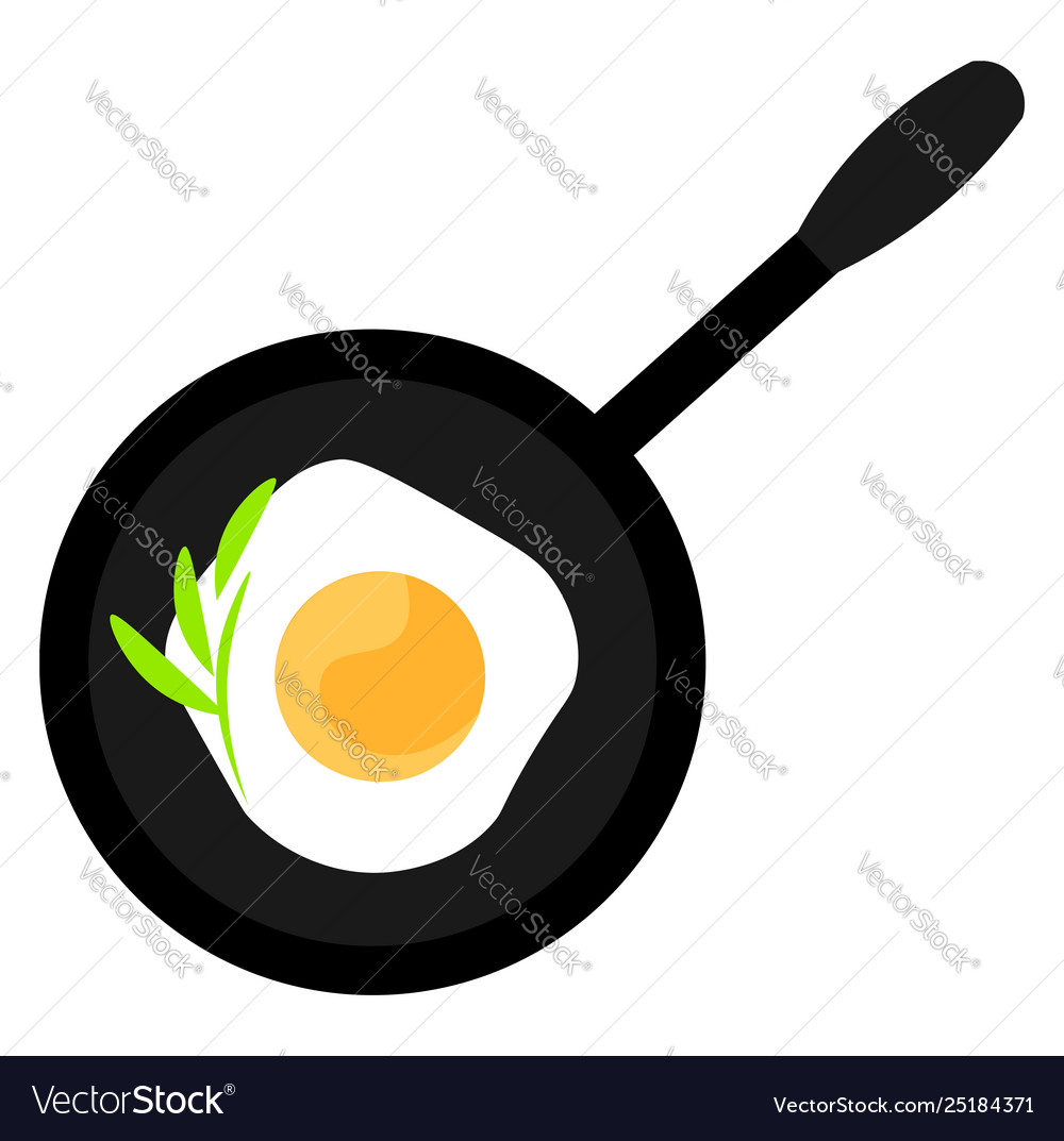 Black pan with fried egg on white background