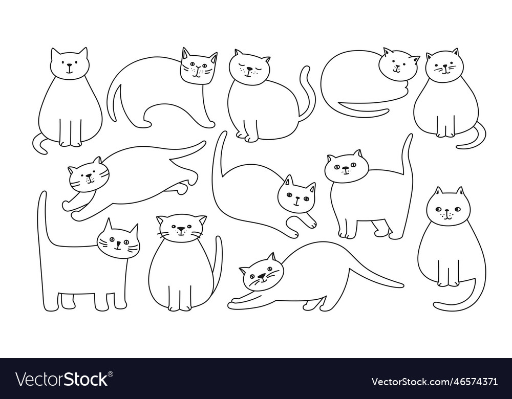 Cats cute simple linear set kitty purebred cartoon