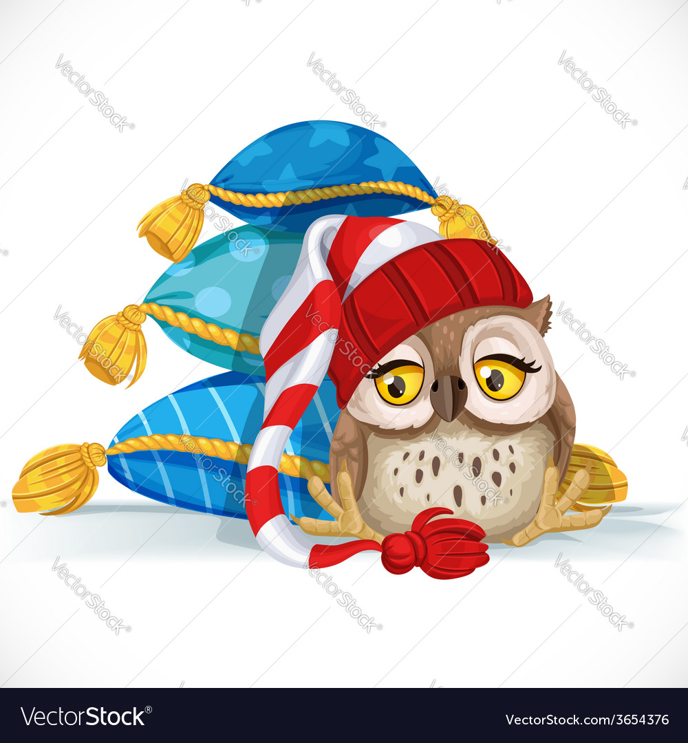 Cute owlet in a cap sits near pile of pillows