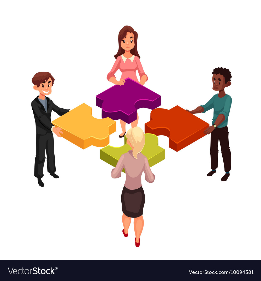 four-people-putting-jigsaw-puzzles-together-vector-image