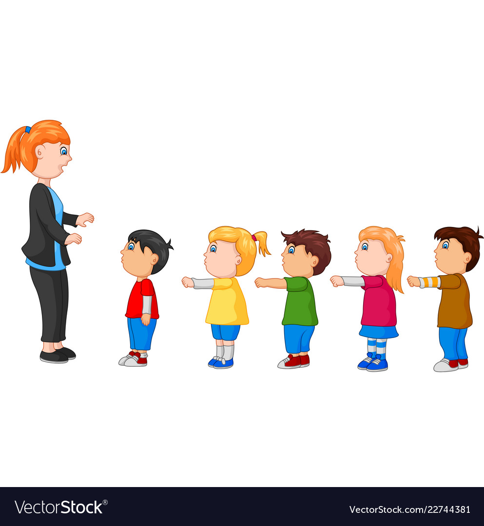 Kids with arms up standing in line in front Vector Image