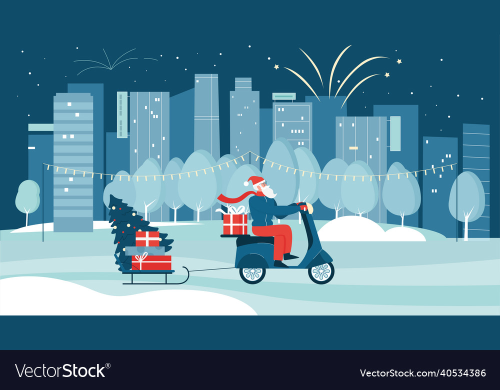 Santa claus riding scooter for gift delivery