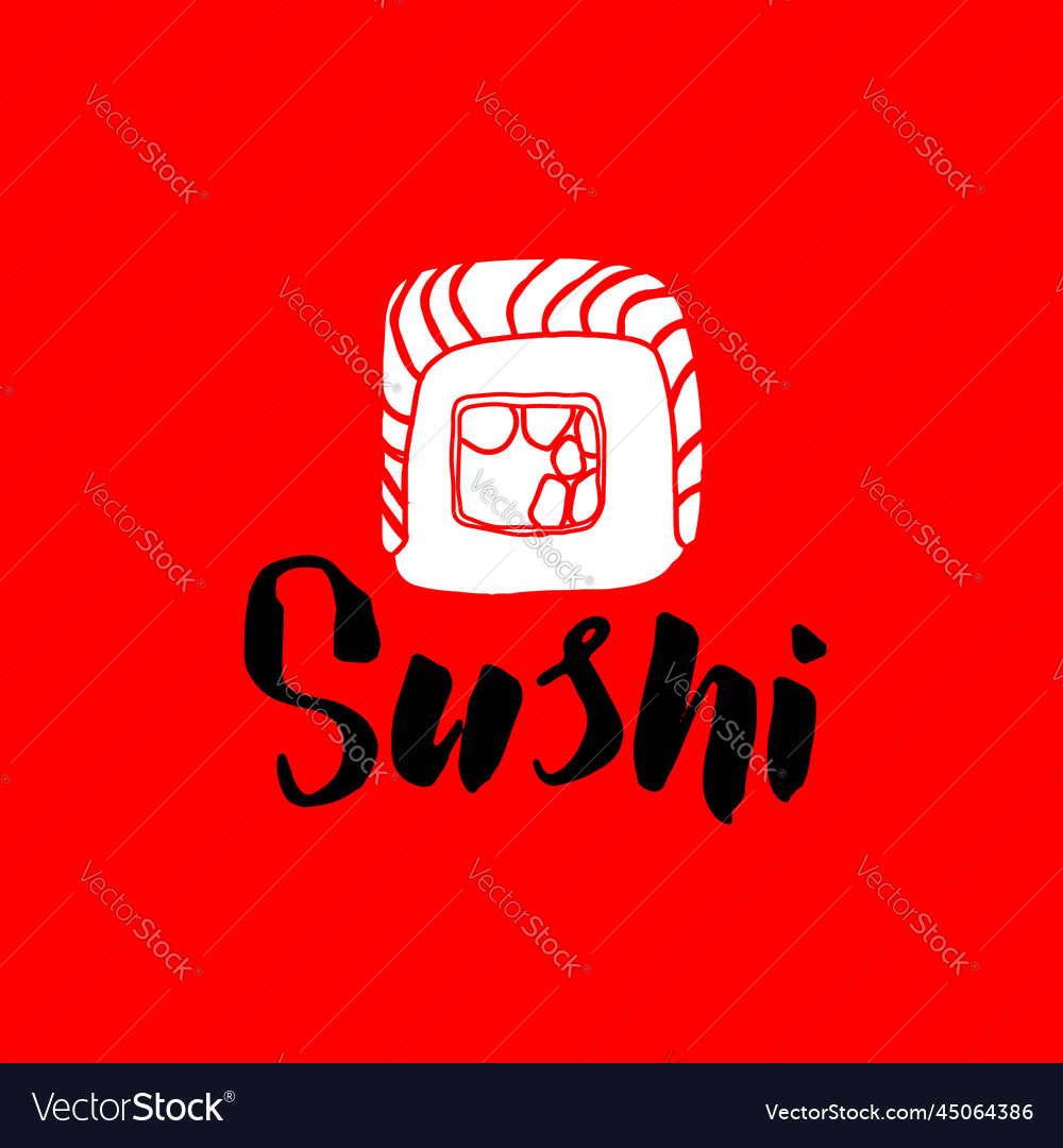 Sushi roll label white color on red