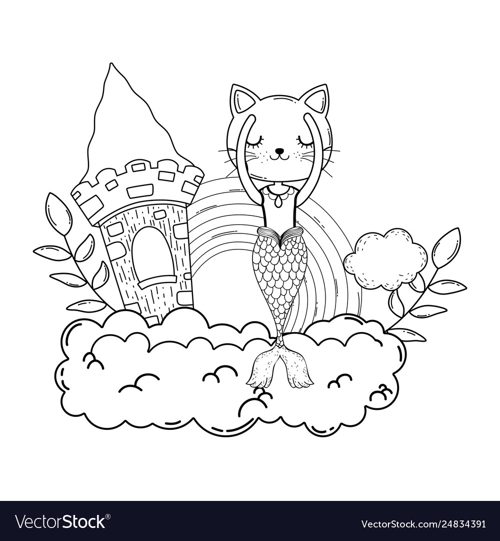 Cute purrmaid with castle and rainbow undersea