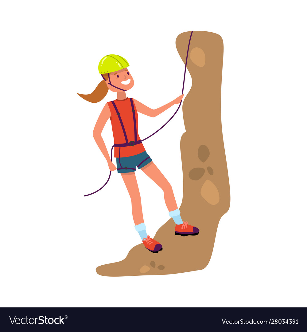 Girl alpinist in yellow helmet climbing hill Vector Image