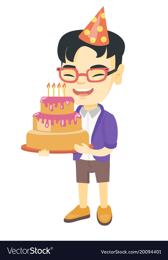 Asian Child Holding Birthday Cake With Candles Vector Image