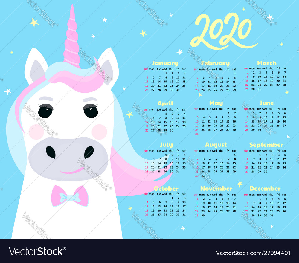 Calendar For 2020 From Sunday To Saturday Cute Vector Image