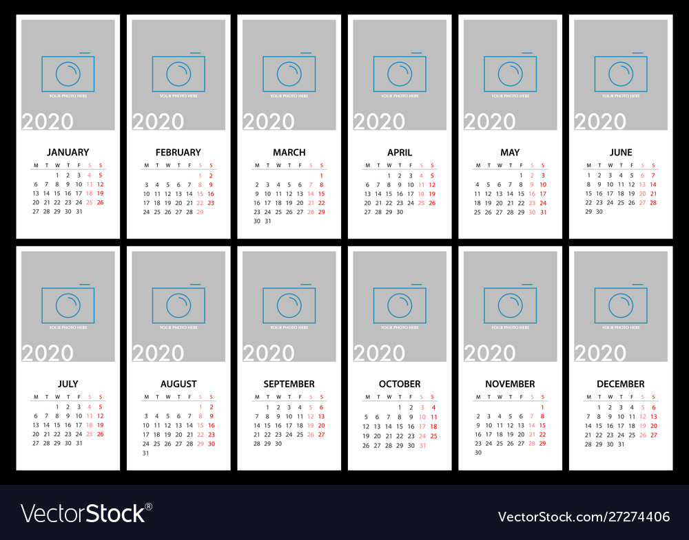 Calendar planner for 2020 week starts monday Vector Image