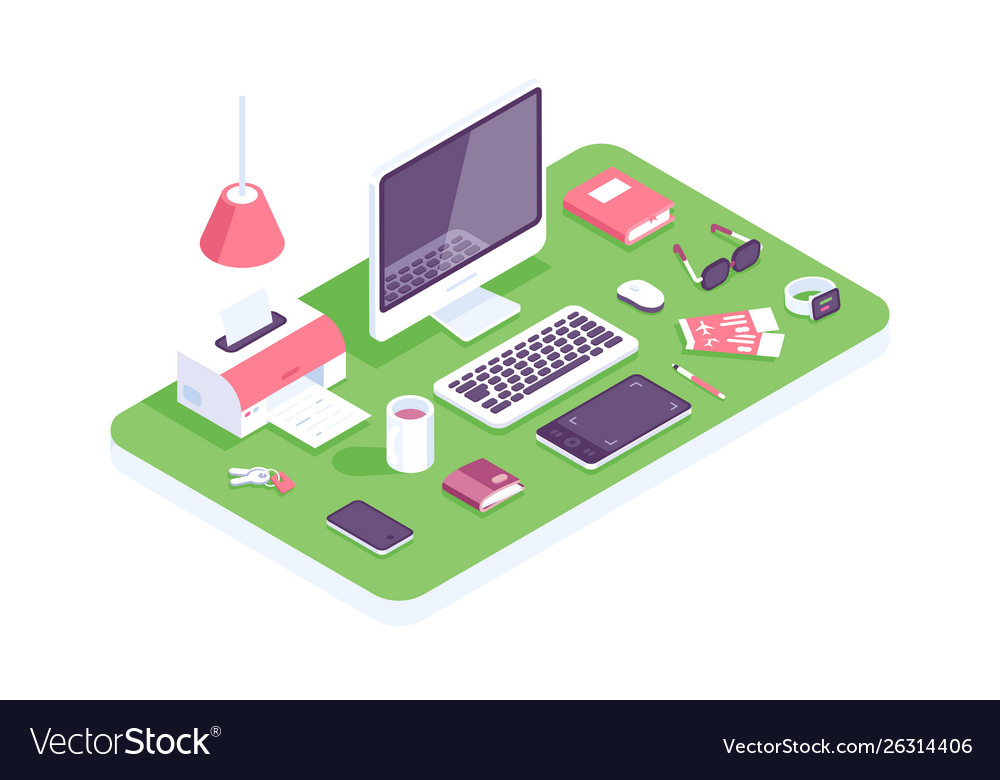 Flat isometric 3d technology workspace