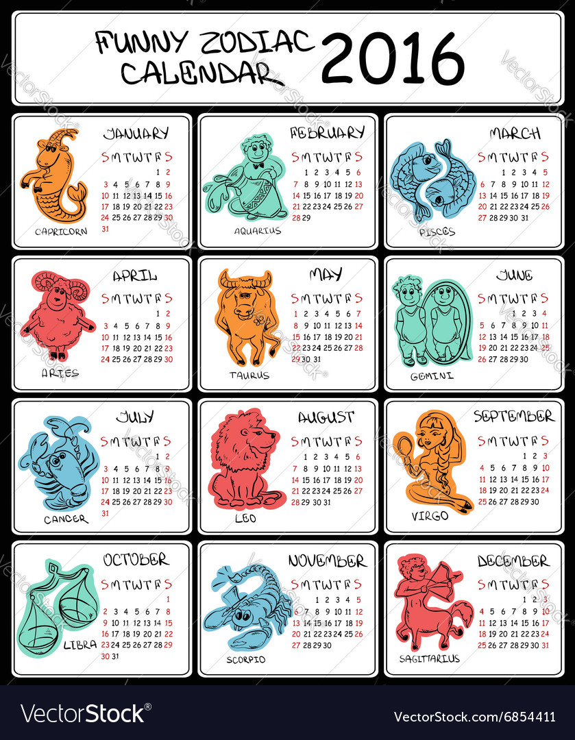 2016 Calendar Template With Zodiac Signs Vector Image