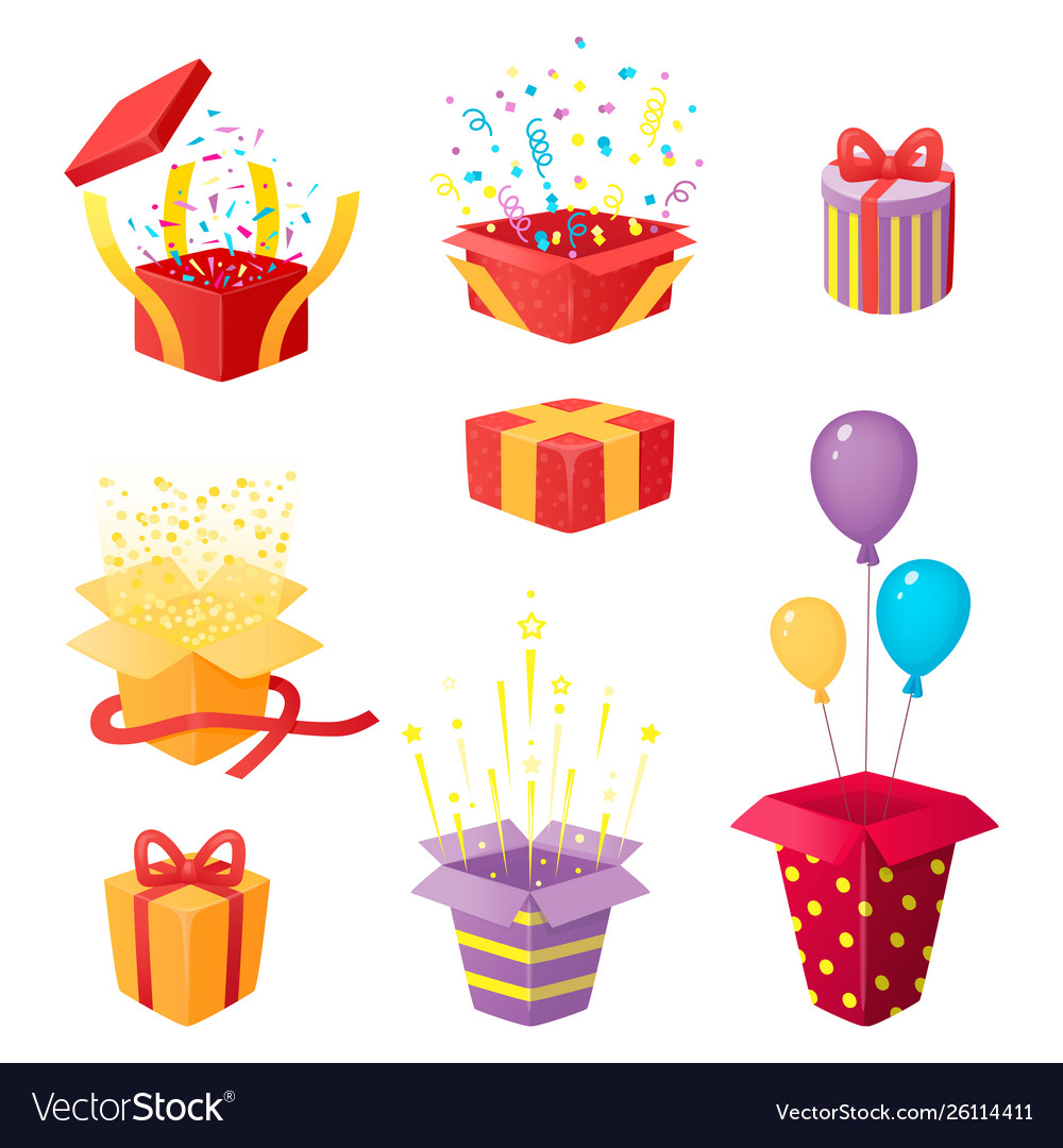 Set 3d prize boxes with confetti stars Royalty Free Vector