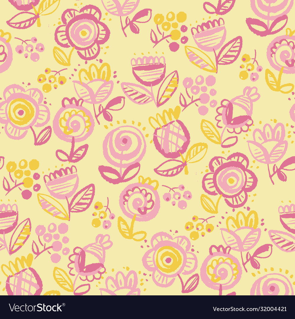 Brush stroke abstract folk-style flowers pattern