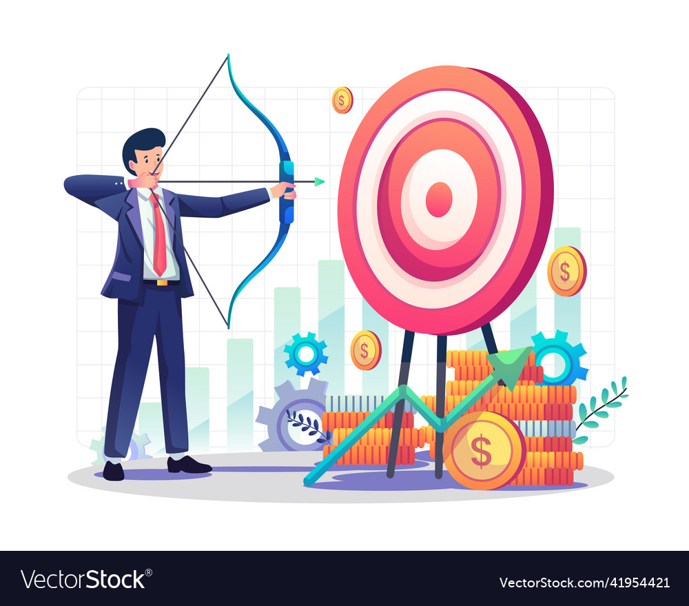 Businessman aiming target with bow and arrow