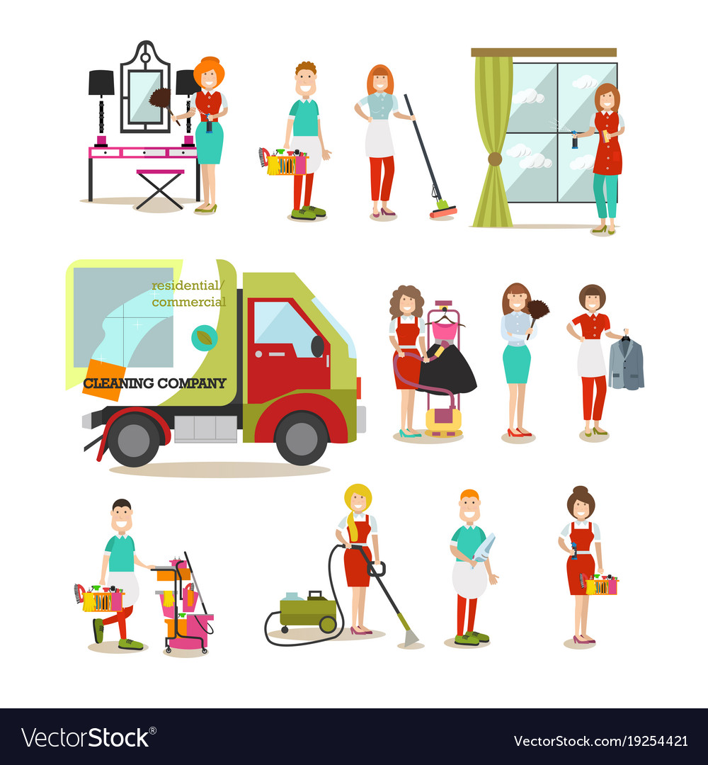 Cleaning people flat icon set