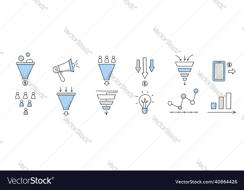 Business funnel icons with charts people money Vector Image