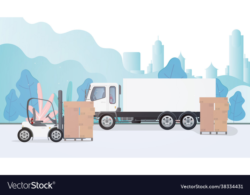 A lorry and pallet with cardboard boxes stands Vector Image