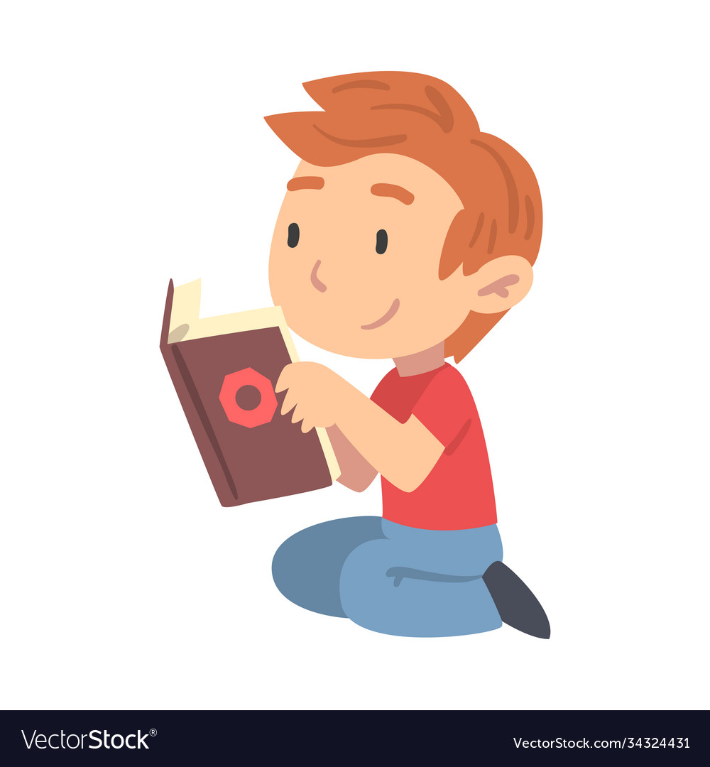 Curious boy reading book young fan literature