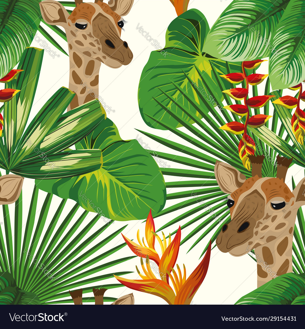 Giraffe flowers leaves seamless pattern white vector image Giraffe flowers leaves seamless pattern white