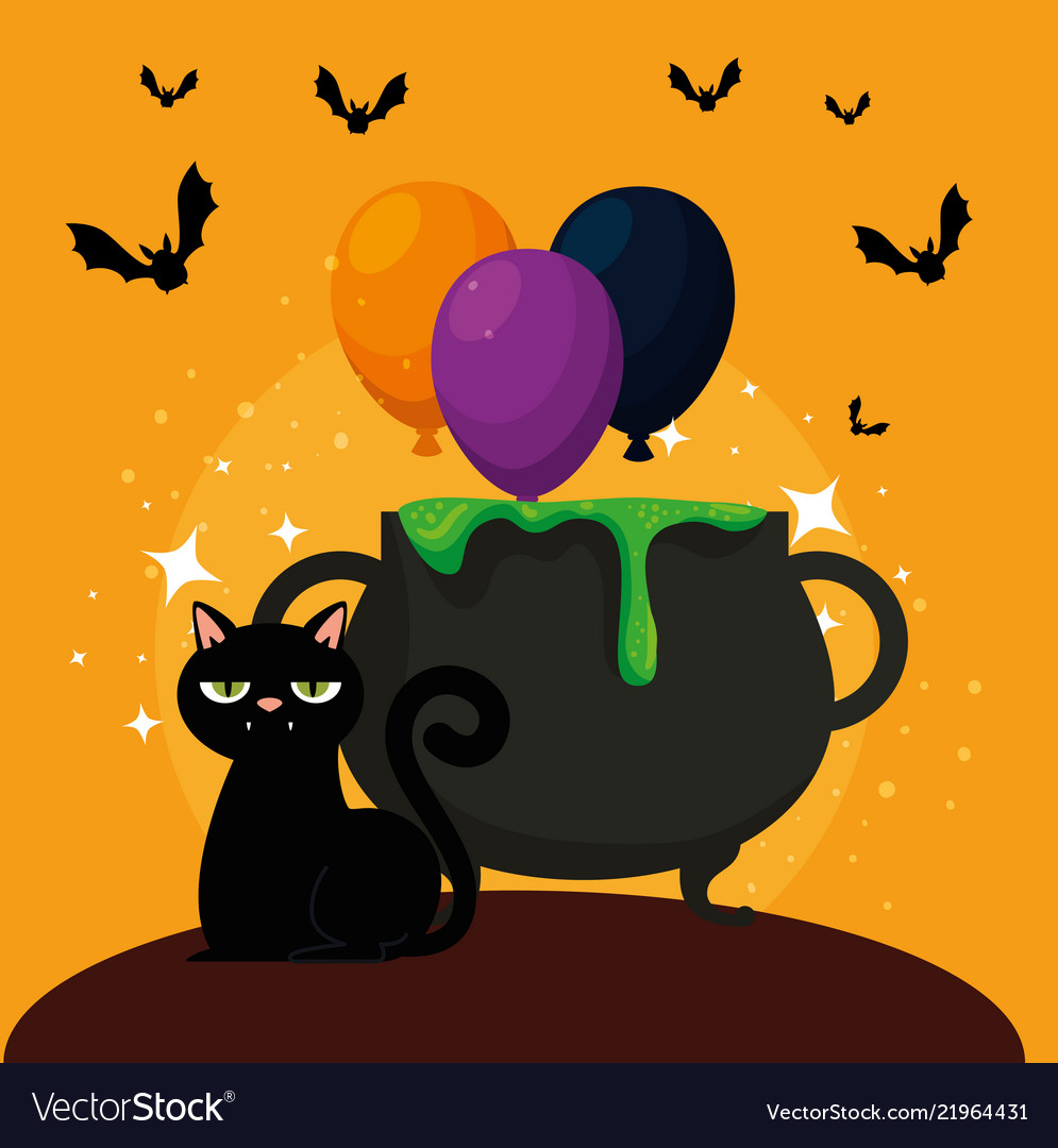 Halloween card with cauldron and black cat vector image Halloween card with cauldron and black cat