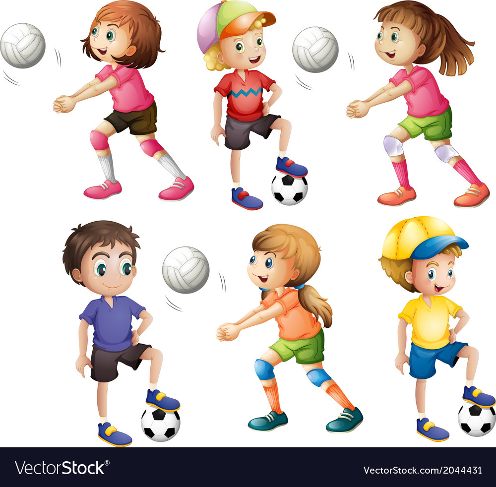 Kids playing volleyball and football Royalty Free Vector