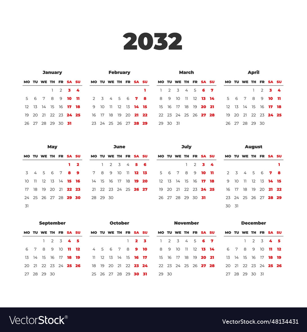 Simple calendar on 2032 start from monday Vector Image