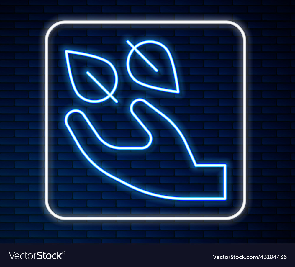 Glowing neon line tea leaf in hand icon isolated