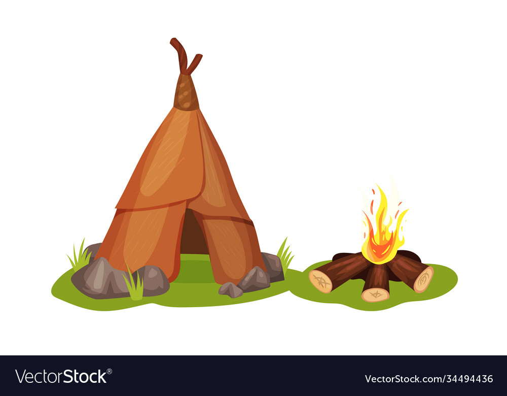 Steinzeitelemente mit Hütte und Brennholz vector image Steinzeitelemente mit Hütte und Brennholz