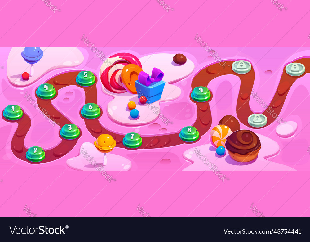 Game road map with level indicators and desserts Vector Image