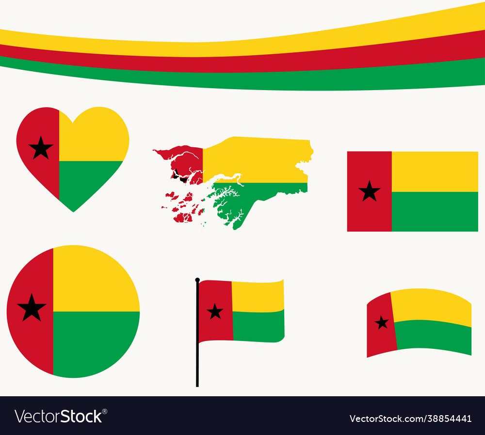 Guinea bissau flag map ribbon and heart icons sign