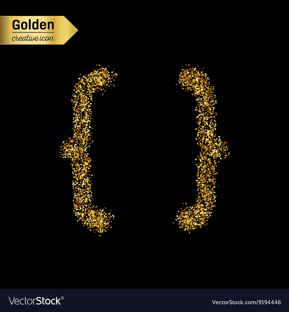 Gold glitter icon of curly bracket isolated