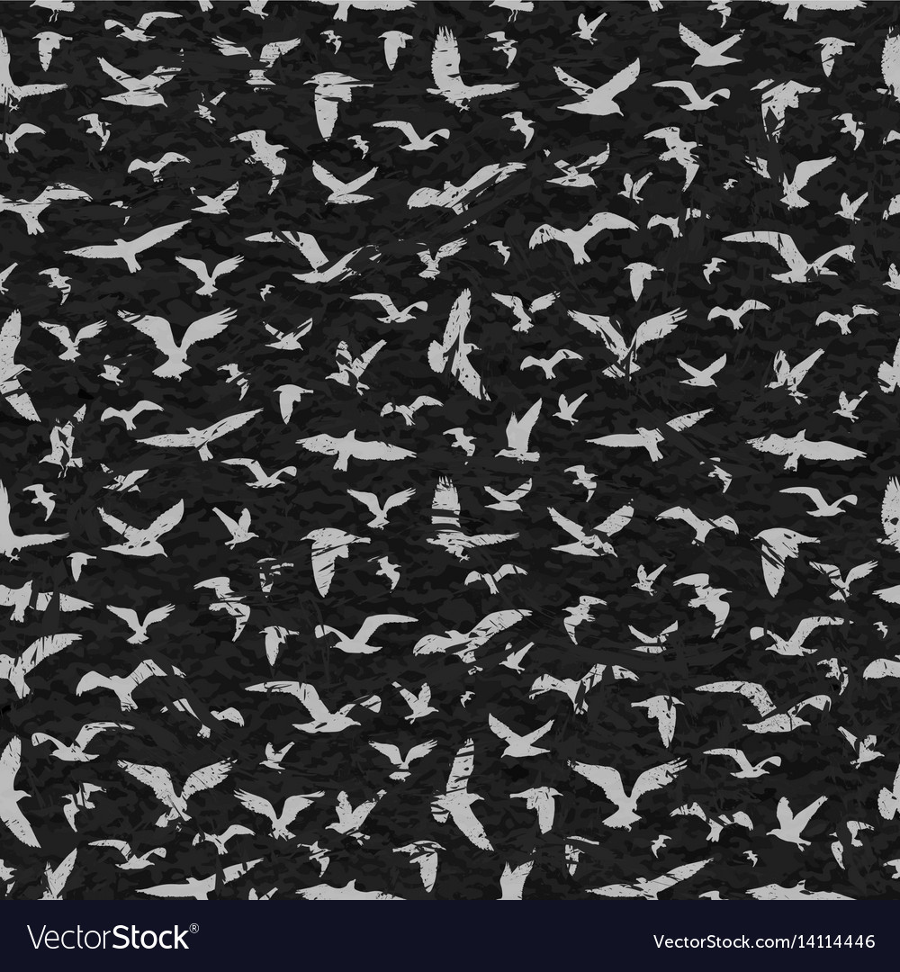 Grunge seamless pattern of flying birds black