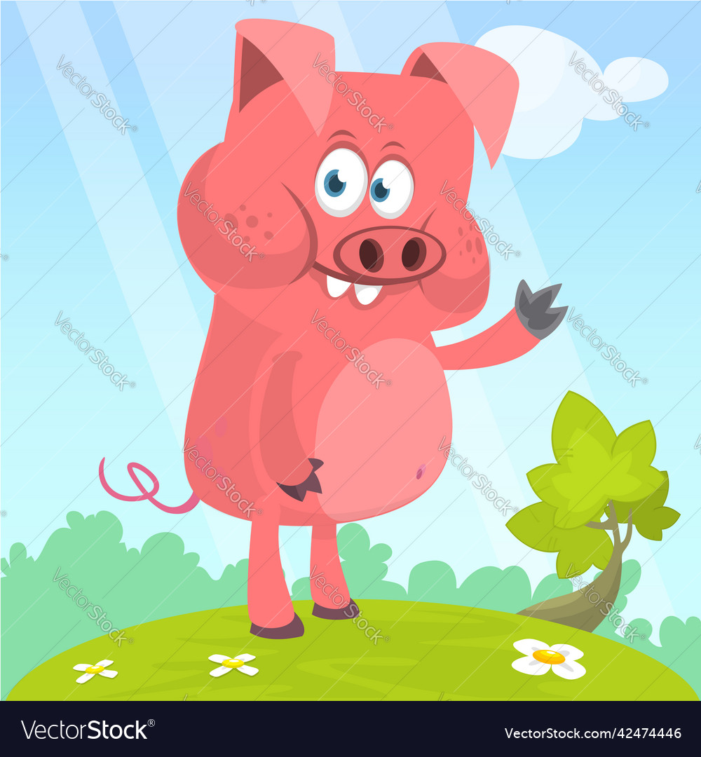 Happy cartoon pig presenting farm animals