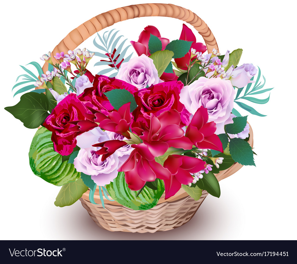 Realistic floral bouquet in a basket