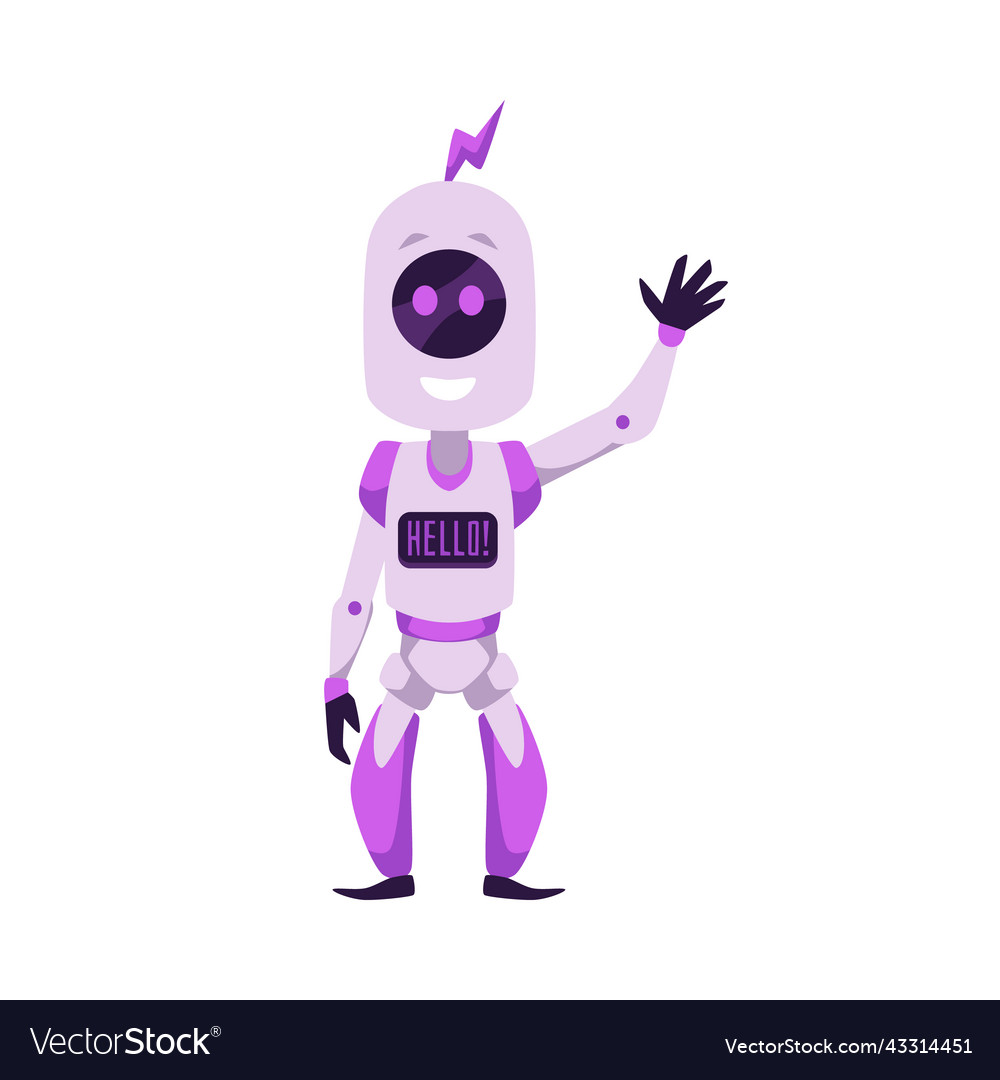 Smiling purple mascot robot saying hello Vector Image