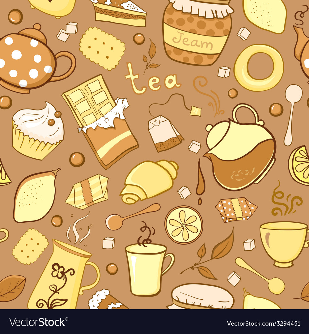 Tea and sweets seamless pattern in doodle style