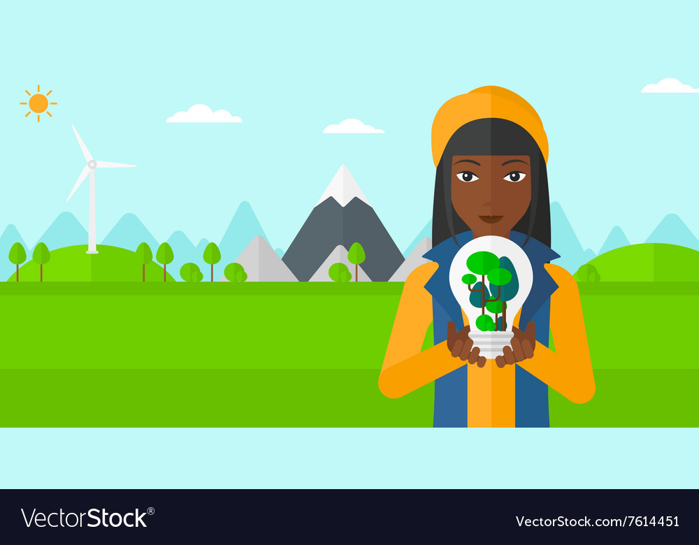 Woman with lightbulb and trees inside