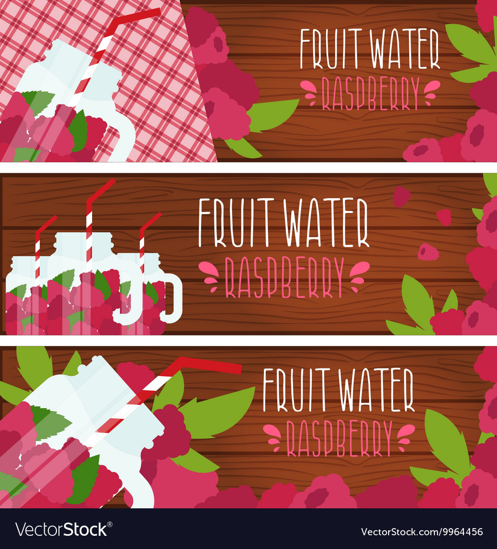 Set of banners with bright fruit water in mason