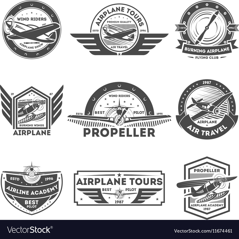 Airplane vintage isolated label set Royalty Free Vector