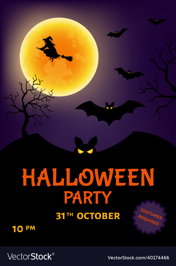 Halloween party poster with witch and moon vector image Halloween party poster with witch and moon