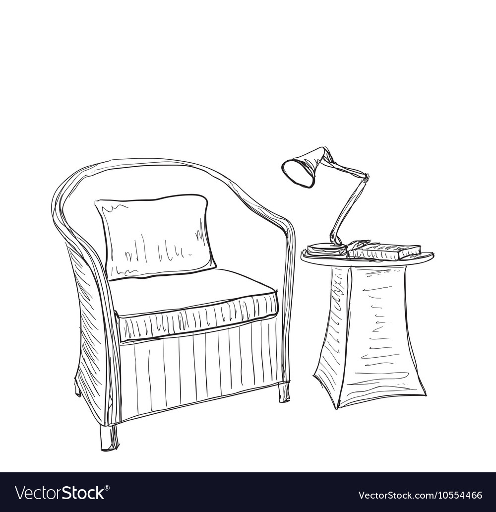 Hand drawn room interior chair and lamp