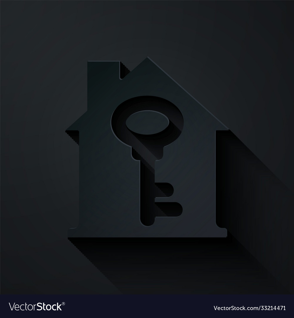 Paper cut house with key icon isolated on black